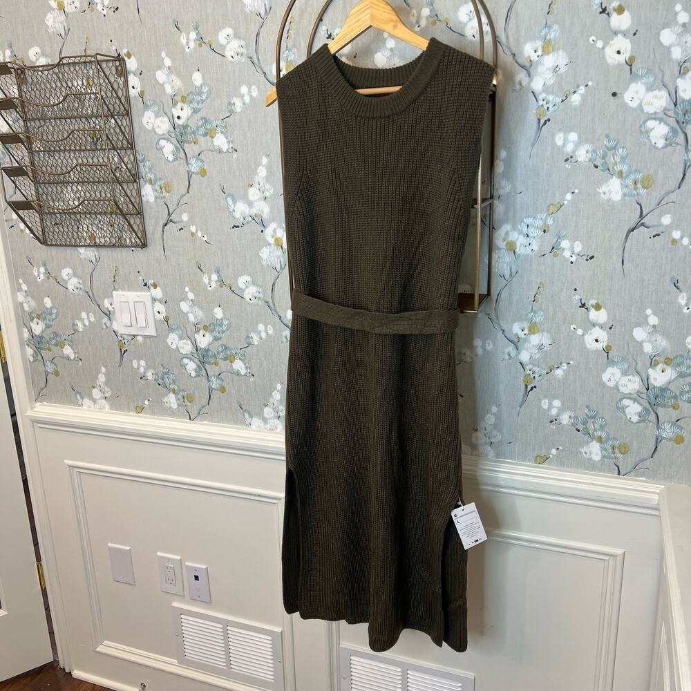 Amazon Womens Sleeveless Knit Belted Midi Sweater Dress Olive Green L NWT - Picture 8 of 8